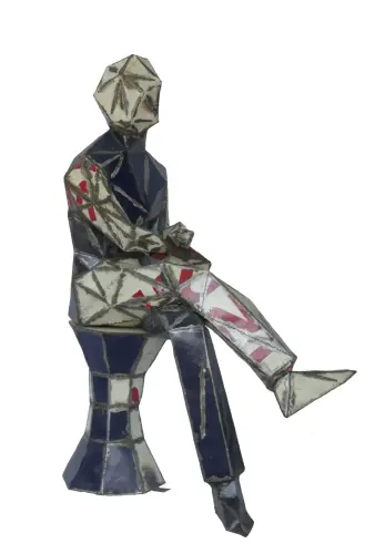 Product image of the product “Seated Man on stool, 140cm height, sculpture from upcyceled oil barrel. ”